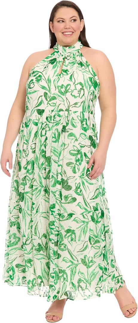 London Times Women's Women's Halter Neck Tiered Maxi Dress - Sleeveless Pleated Bodice with Gathered Neckline - Summer Formal Dresses (Green, XXXL)