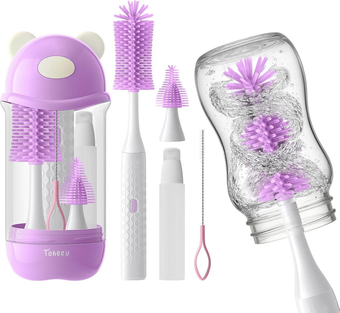Electric Bottle Brush Cleaner Set, Bear-Shaped Travel Baby Bottle Cleaner Kit with Silicone Nipple & Straw Brush, Soap Dispenser, Drainage Rack, Storage Box (Purple)