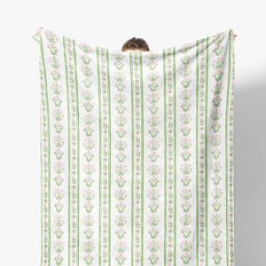 Pink Floral Blanket, Pink and Green Grandmillennial Flower Decorative Throw Blanket for Couch Bed Sofa, Pastel Floral Striped Throw Blankets for Living Room Bedroom Decor, 50x60 Inches (Color 06)