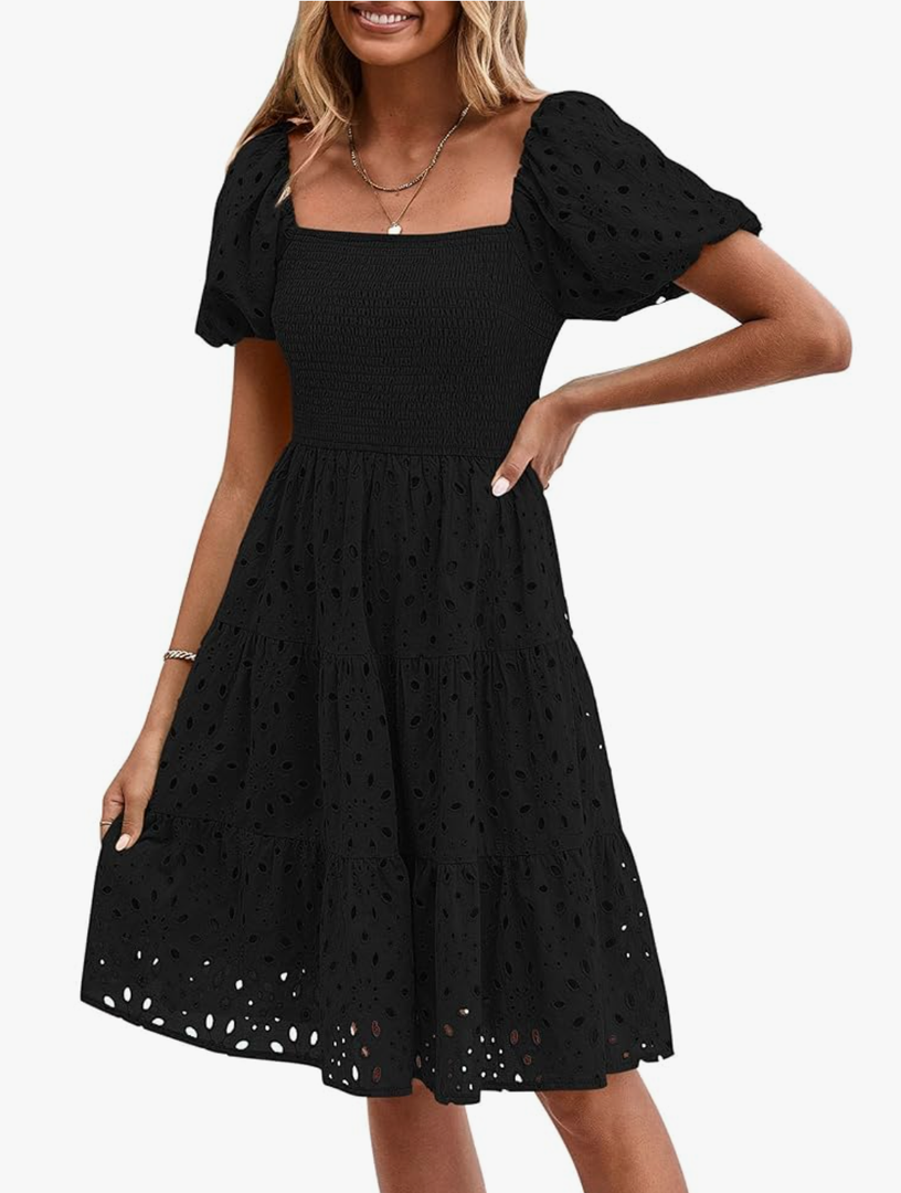 PRETTYGARDEN Womens Summer Puff Sleeve Mini Dress Off Shoulder Eyelet Smocked A Line Casual Babydoll Short Dresses M