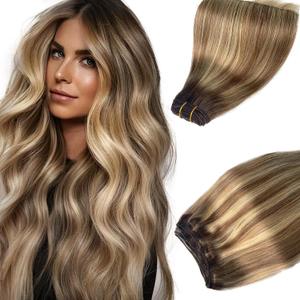 Weft Hair Extensions Human Hair,18 Inch 100G Sew in Hair Extensions Real Human Hair Bundles Ash Brown Balayage Blonde Highlights Weft Hair Extension Human Hair Weave Bundles for Women