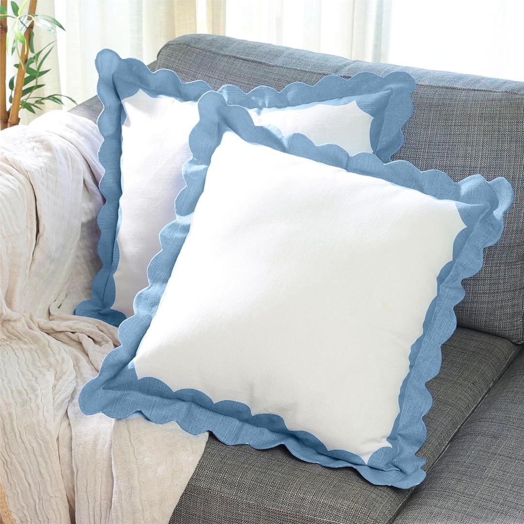 Folkulture Boho Throw Pillow Covers | (18 x 18) Set of 2 Throw Pillows for Couch Pillows for Living Room | Decorative Pillows or Outdoor Pillow Covers | Scalloped Pillow Cover | Blue Throw Pillows (Cobalt Calm)
