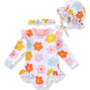 Renotemy Infant Baby Girls Swimsuit Toddler Bathing Suit Long Sleeve Zipper One-Piece Rash Guard Ruffle Swimwear with Hat (6-12 Months, White Floral)