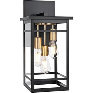 3 Lights Outdoor Wall Light Fixtures,Brass Black Modern Outdoor Wall Sconce Lights,Waterproof Exterior Lighting Fixtures Outside Lantern for Porch, House,Patio with E26 Base