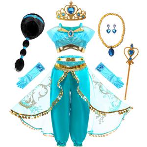 Arabian Princess Fancy Costume for Girls Halloween Dress Up (7 Years, Wig Blue Set)