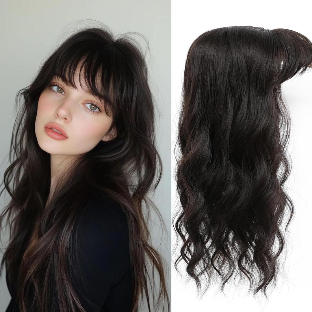 Hair Topper, Big Base 360 3D Hair Toppers for Women with Thinning Crown, 20 Inch Long Curly Wavy Hair Pieces with French Part Clip in Bangs for Daily Use Parties