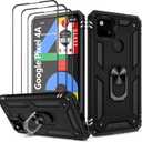 Case for Google Pixel 4a with 3 Pcs Tempered Glass Screen Protector, Military-Grade Built in Magnetic Ring Kickstand Dual Layer Hybrid Shockproof Aromr Rugged Case for Google Pixel 4a - Black
