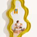 Wavy Wall Mirror Decor for Girly Bedroom Classroom, 16x10 Small Cute Abstract Decorative Mirrors Art Above Dresser Desk Table Decor, Funky Modern Apartment Nursery Room Decoration (Yellow)