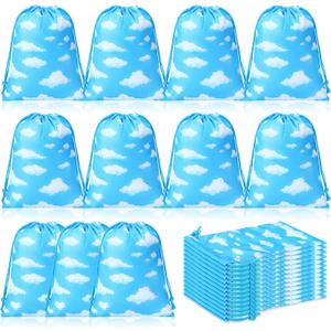 Capoda 16 Pcs Blue Sky White Clouds Party Favor Bags White Clouds Small Drawstring Bags Blue Sky Themed Gift Pouches Cartoon String Candy Goodie Treat Bag for Birthday Party Supplies
