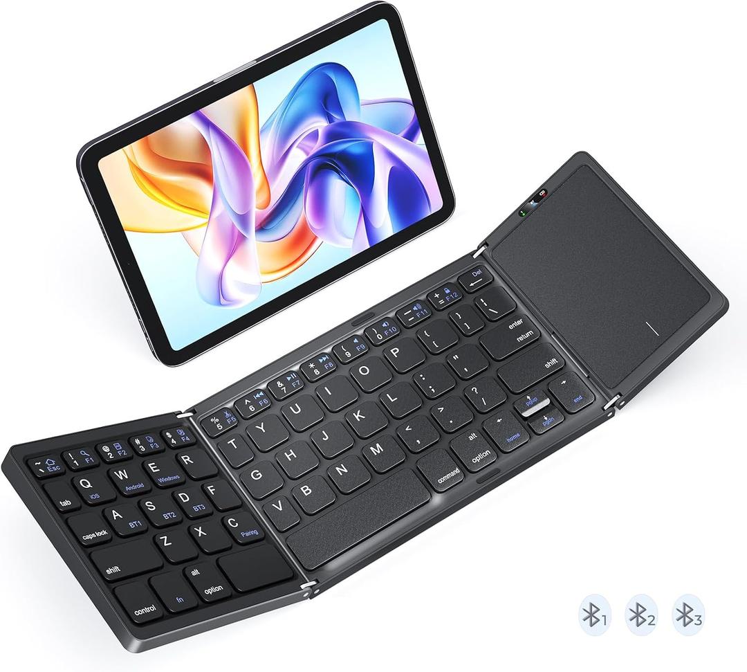 MEETION Foldable Keyboard with Touchpad, Bluetooth Wireless Portable Keyboard, Rechargeable Ultra Slim Pocket Folding Keyboards, Full Size Keys, Travel for iOS Android Windows Laptop PC Tablet, Black