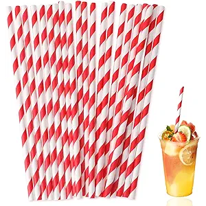 Lives on Green Disposable 7.75 inch Red White Striped Paper Straws Biodegradable 100 Counts - for Drinking, Cocktail, Decoration, Party, Crafts