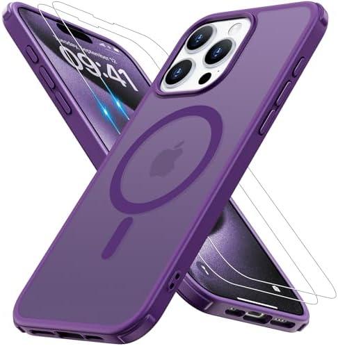 Iokmax Magnetic for iPhone 15 Pro Max Case [Compatible with MagSafe]with 2X Screen Protector, Military-Grade Slim Shockproof Phone Cover Translucent Matte Anti-Fingerprint Anti-Scratch,6.7 inch,Purple 2 PACK