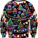 Mens Ugly Christmas Sweater Novelty 3D Graphic Long Sleeve Junior Xmas Sweatshirt (L, Neon Firework)