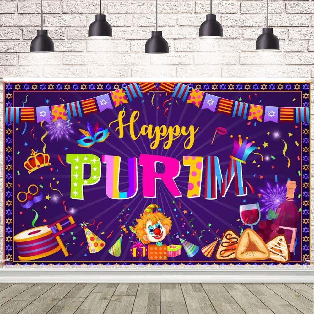 AIBIIN Happy Purim Backdrop Jewish Purim Party Banner Happy Purim Day Party Decorations Outdoor Indoor Front Door Wall Fence Background Decorations for Prim Festival 70.8 x 43.3 inch