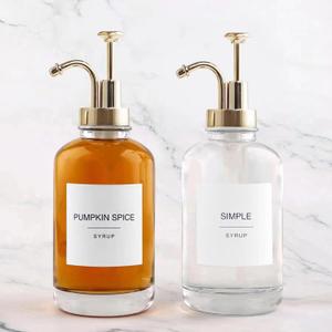 Coffee Bar Accessories - Glass Coffee Syrup Dispenser with 84 Syrup Labels (Set of 2), Fancy Pump Dispenser, 16.9 oz, Gold