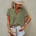 PRETTYGARDEN Short Sleeve Tops for Women 2026 Summer V Neck Western Chiffon Button Down Shirts Dressy Casual Work Blouses, Small