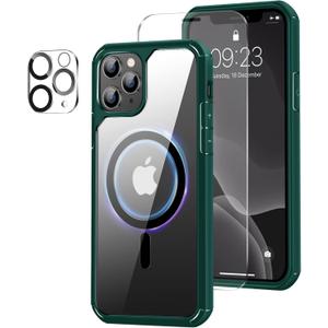 Amizee Magnetic Case Compatible with iPhone 11 Pro Max Case [Compatible with MagSafe] with Screen Protector and Camera Lens Protector Clear Back Shockproof Protective Phone Case (Green)