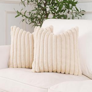 NiNi ALL Faux Fur Plush Throw Pillow Covers Beige 24x24 Inch Set of 2 Decorative Soft Plush Striped Couch Pillow Cover for Sofa Cushion Cases for Couch Bed Home Decor