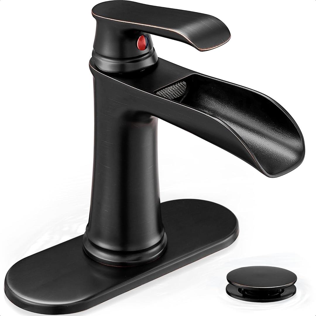 Brass Waterfall Faucet, Oil Rubbed Bronze Bathroom Faucet, 4 Inch Bathroom Sink Faucet 1 Hole or 3 Holes, 1 Handle Bathroom Faucets with Pop Up Drain Deck Plate Supply Hose for Antique Farmhouse (Oil Rubbed Bronze - Antique)