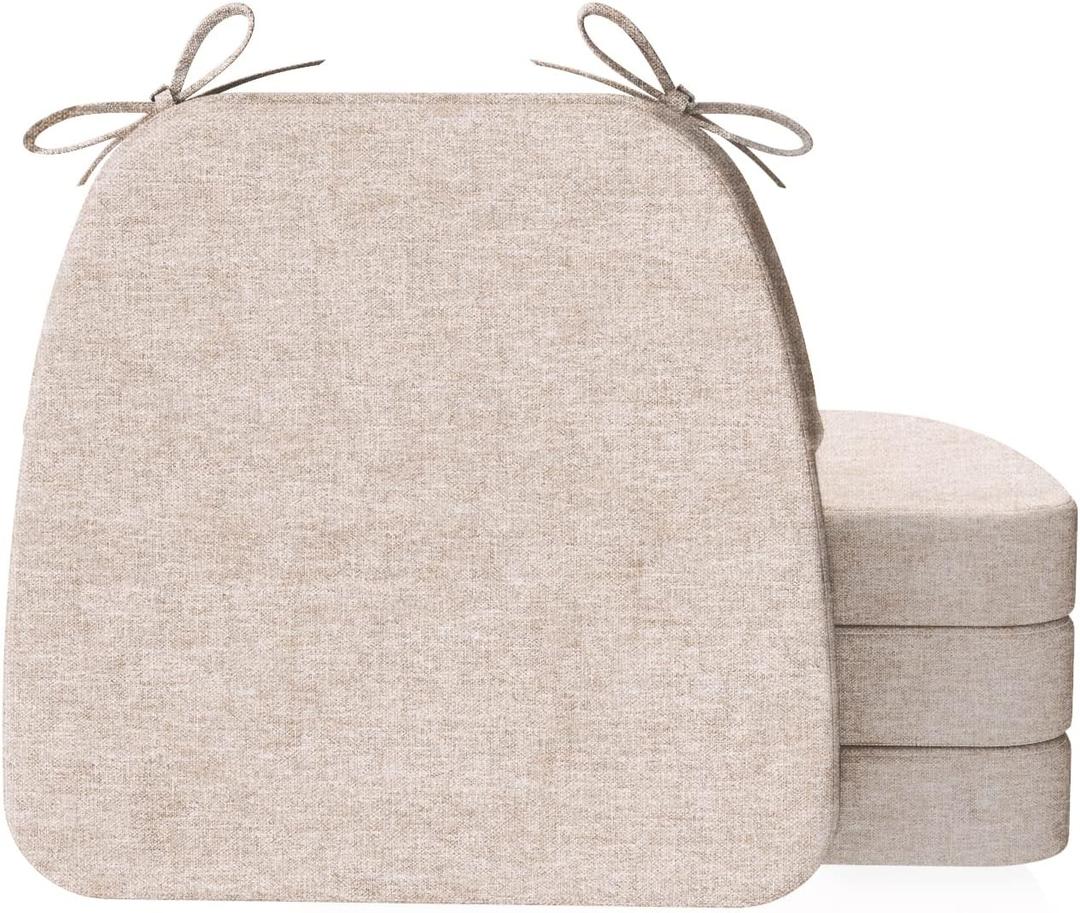 AAAAccessories D-Shaped Chair Cushions, 2" Thick Dining Chair Pads with Ties and Removable, Machine-Washable Cover, 17" x 16", Set of 4, Beige (4 Count(Pack of 1))