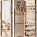 Nicetree 6 LEDs Mirror Jewelry Cabinet, Large Capacity Lockable Jewelry Armoire Organizer, Door or Wall Mounted Mirror with Jewelry Storage,Toasted Oak