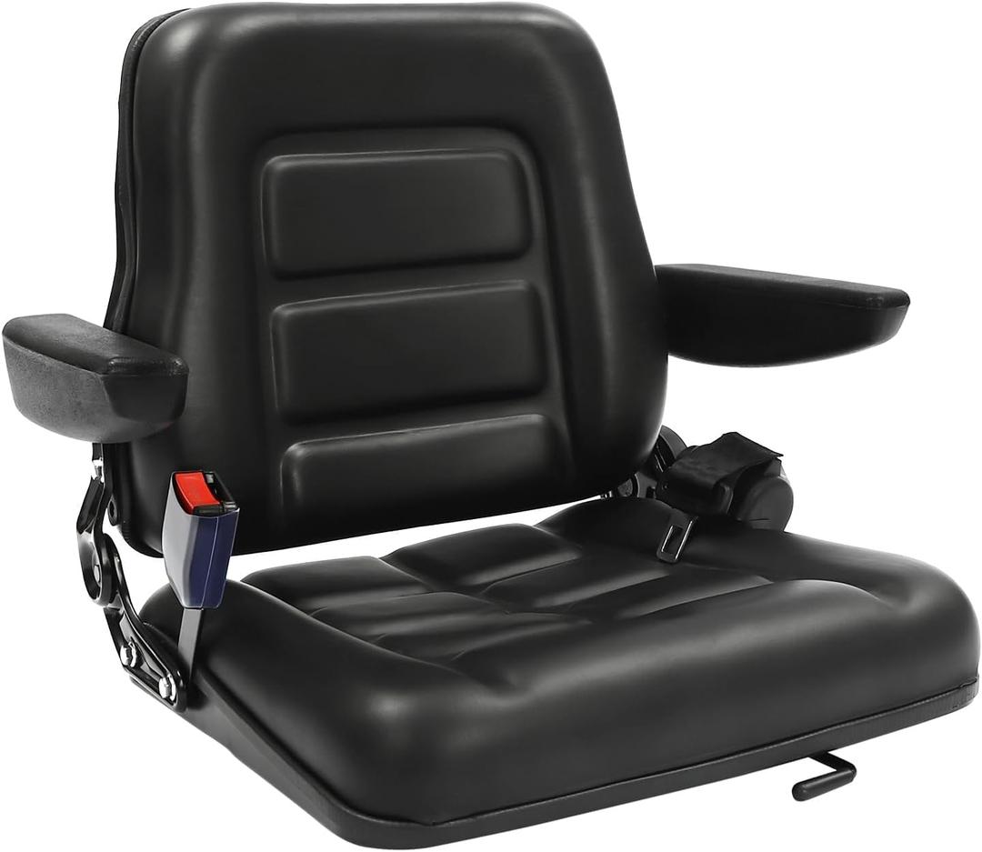 Tractor Seat, Forklift Seat Replacement, Adjustable Equipment Seat, PVC, with Armrests Belt, for Excavator Lawn Mower Bulldozer, Sliding Rail 18.5inTractor Seat