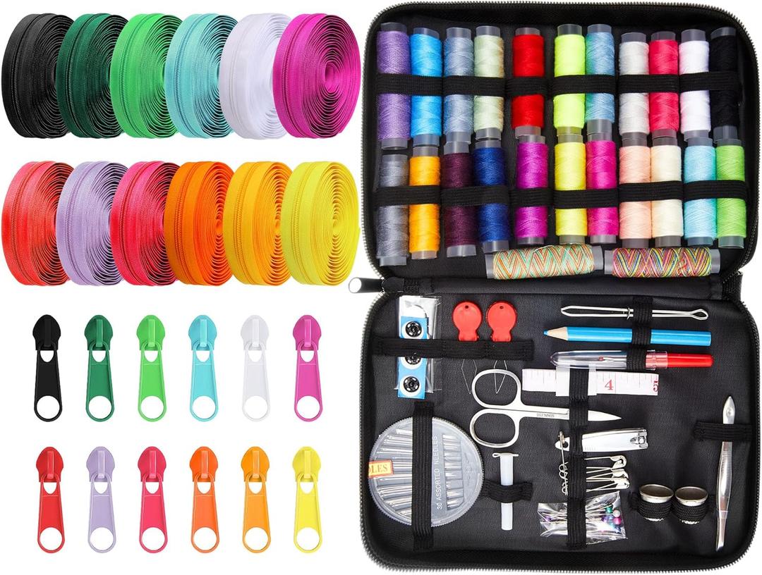 Yunlly 221 Pcs Purse Making Kit, 36 Yards 12 Colors #5 Sewing Zippers Tapes with 120 Zipper Sliders and Sewing Kit(89 Pcs) for Clothes, Bag, Purse Making Supplies