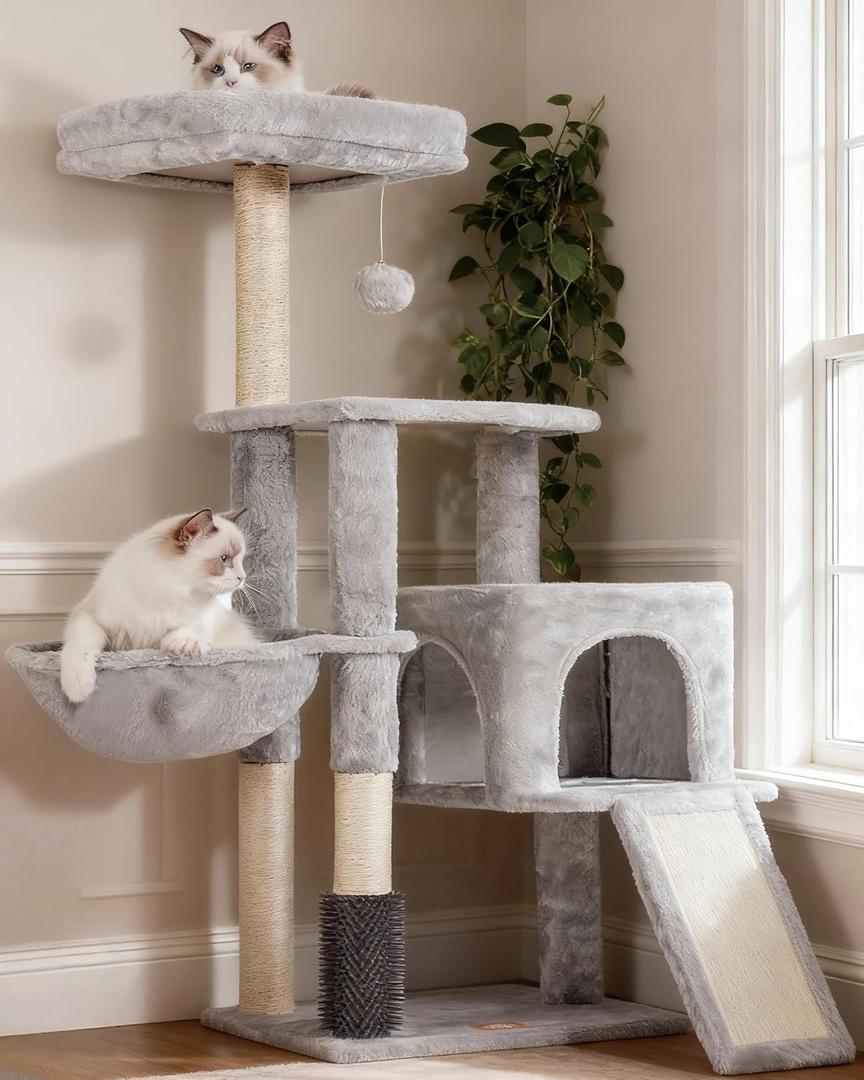 Heybly Cat Tree with Cat Self Groomer Brush, Cat Tower Condo for Indoor Cats with Padded Plush Perch, Cat House with Basket Scratching Board Post, Light Gray HCT005SW (42.5 inch)
