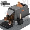 Stainless Steel Litter Box with Lid,Front Entry Top Exit Kitty LitterBox,Extra Large Enclosed Metal Cat Box with Litter Scoop & Litter Mat-Black