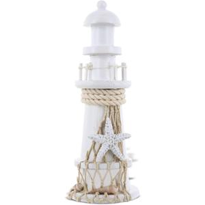Puzzled COTA Global Small White Wooden Lighthouse Decor - Handmade Wooden Lighthouse Beach Decorations for Home with Decorative Starfish Decor - 8.75 Inches