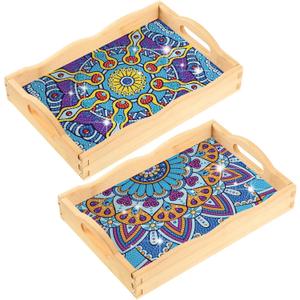 2 Pcs Mandala DIY Diamond Painting Wooden Serving Tray With Handle - Decorative Handmade Art Tray for Adult Dinner, Coffee Table, Party Food, 11.8 x 7.8 Inches
