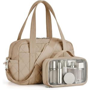 Percover Weekender Bag for Women, Ultra Lightweight Travel Duffle, Carry On Personal Item Overnight Bag with Toiletry Pouch & Compartments, Quilted Gym & Travel Bag, Camel Tan