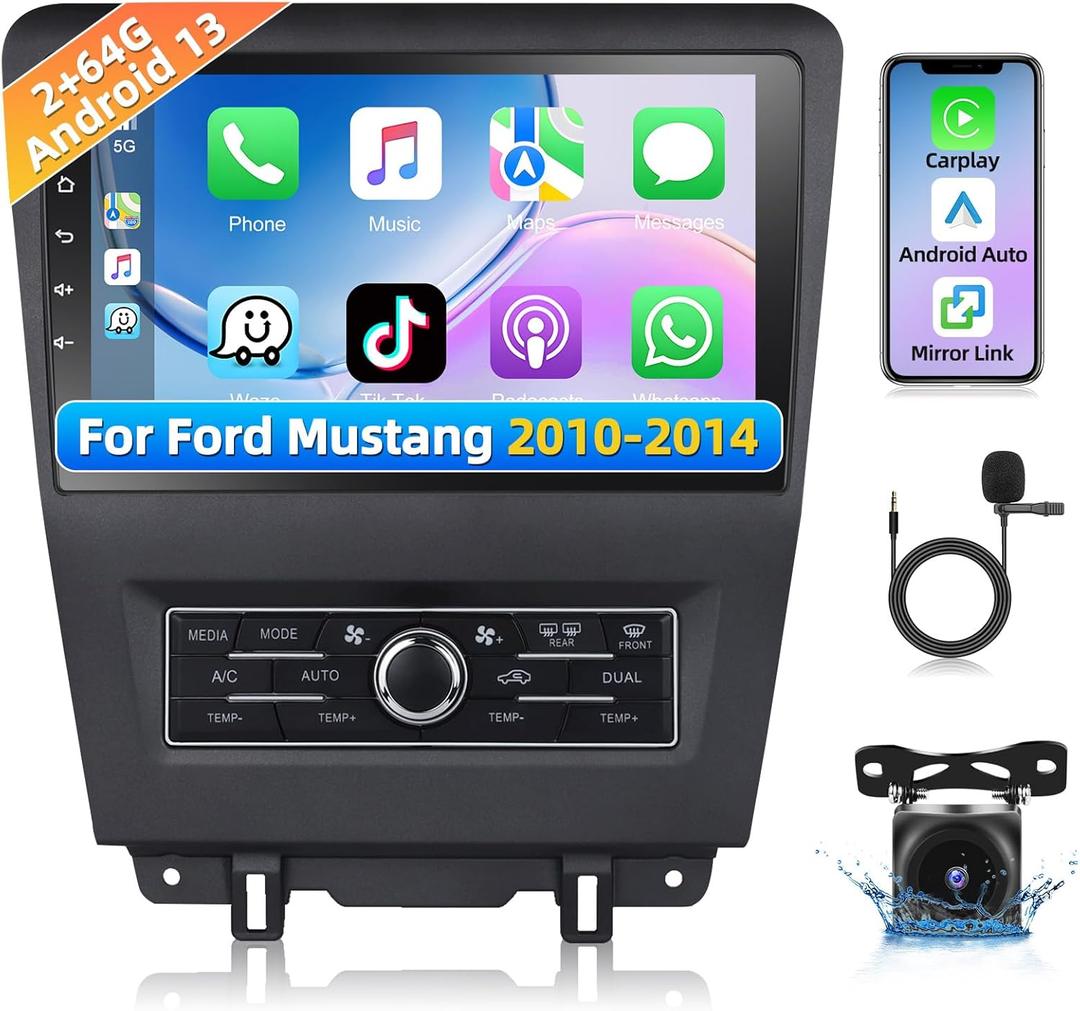 Podofo 2G+64G Wireless CarPlay Car Stereo for Ford Mustang 2010 2011 2012 2013 2014,10.1 Inch Touch Screen Bluetooth Audio with GPS Navigation Android Auto Mirror Link WiFi RDS AHD Backup Camera