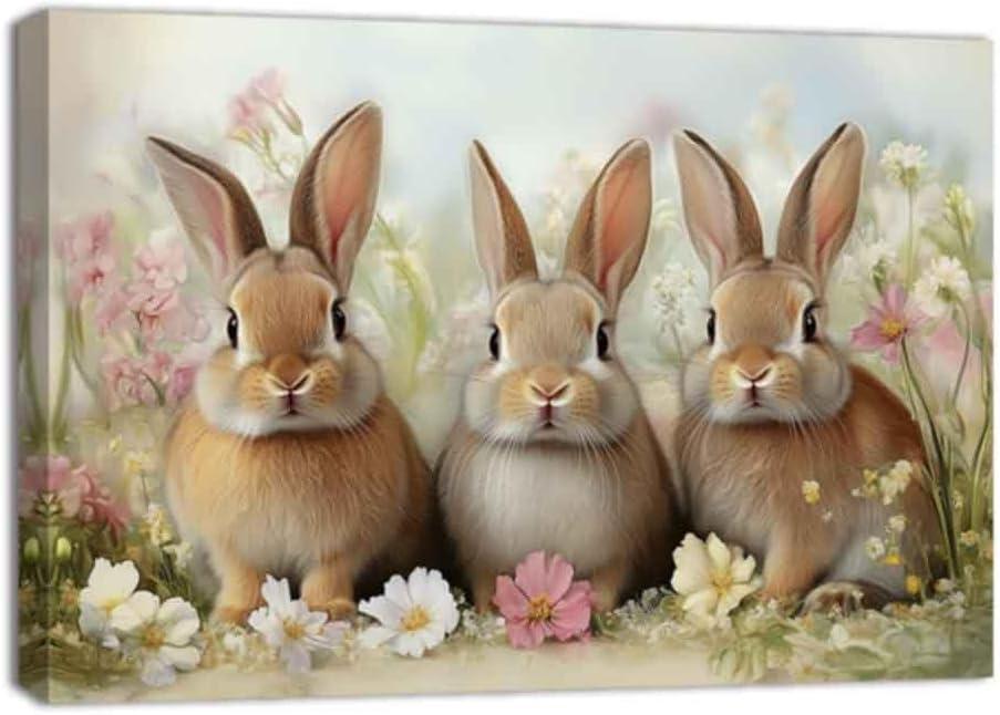 ZQQART Bunny Wall Art Rabbit with Flowers Canvas Prints Cute Animals Picture Easter Festival Painting Prints Children's Room Decor Frame(Pink,12.00" x 18.00")