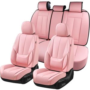 Coverado Car Seat Covers Full Set, Seat Covers for Cars, Pink Car Seat Protector Waterproof, Nappa Leather Car Seat Cushion, Car Seat Covers Front Seats and Back Fit for Most Cars