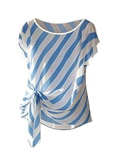 Floerns Women's Chiffon Blouses Tops Striped Mesh Bowknot Round Neck Shirts Short Dolman Sleeve Tie Side Work Blouse Blue, Medium