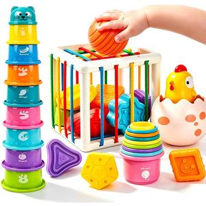4 in1 Montessori Toys for 1 Year Old,17 Pcs Boys Girls 1st Birthday Gifts, Stacking Cups,Shape Sorter,Multi Sensory Shapes for Babies Early Educational Baby Travel Toys for Toddler 6-12 Months