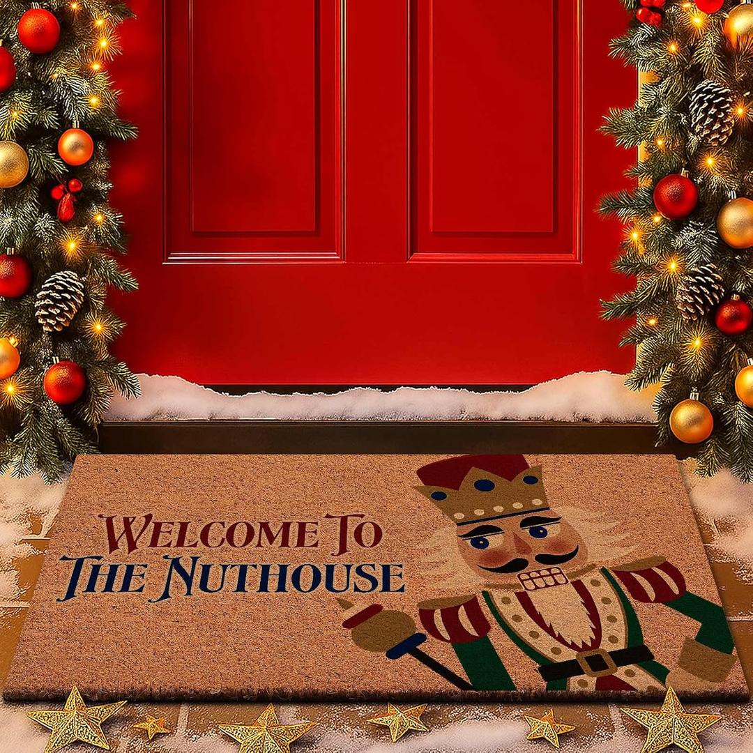 Lanpn Christmas Welcome Natural Coir Door Mat, Nutcracker Coco Front Door Outdoor Doormat Outside Entrance Porch Non Slip Rubber Rug Winter Xmas Farmhouse Decor (Brown, 30x17 inch) (1'5" x 2'6" (Rectangular))