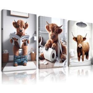 Funny Highland Cow Wall Art,Western Bathroom Decor Wall Art,Funny Bathroom Artwork Ready to Hang for Bedroom Restroom Toilet,12x16inchx3pcs,Framed