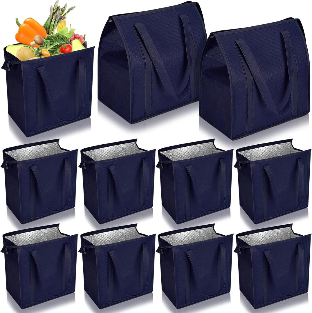 10 Pack Large Insulated Grocery Bags Reusable Shopping Bags with Zippered Top 13 x 12 x 7 Inch Thermal Cooler Totes Bulk with Handles for Hot Cold Food Delivery Refrigerator (Navy Blue)