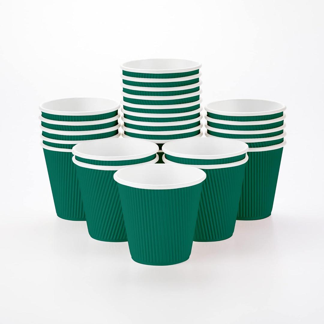 Restaurantware Ripple Wall Coffee Cups 25 Count 8 Ounce Insulated Forest Green Paper Cups, Rolled Rim Spill-Resistant Disposable Paper Non-Slip for Coffee, Beverages