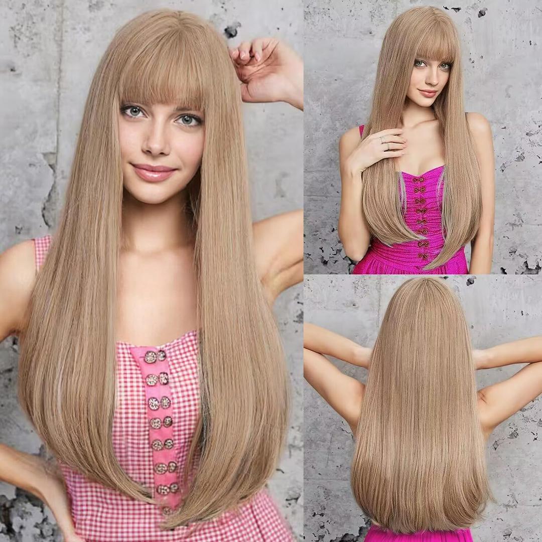 HAIRCUBE Ombre Blonde Wig Long Curly Wig with Bangs Natural Appearance Heat-Resistant Synthetic Wig