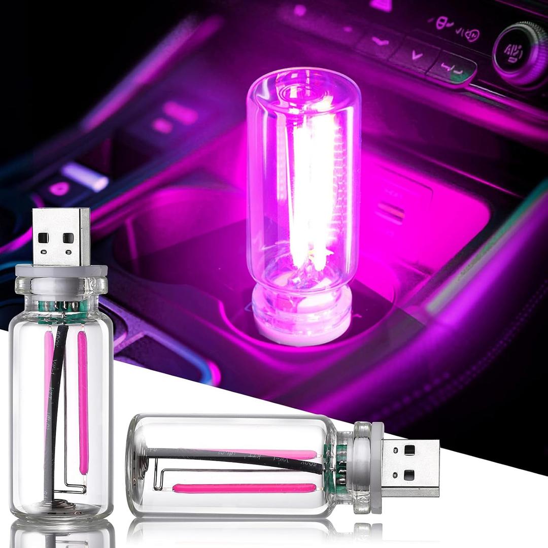 2PCS Mini Glass Bottle USB Light for Car, Touch Control, Plug-in USB Car Lights Interior Ambient Lights, DIY Mini Glass Neon Mood Lamp Retro Night Light for Party Valentine's Day Decoration, Purple