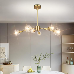 Crystop Gold dining room lighting fixtures over table, 6 Lights Mid Century Modern Brass Sputnik Chandeliers Ceiling Light, Sputnik Light Fixture Dining Room Chandelier D17.7 x H16.9