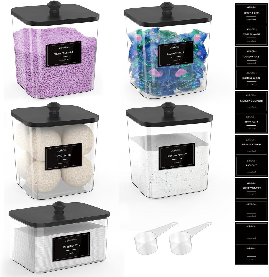 4+1 Pack Clear Laundry Pods Container & Dryer Sheet Holder, Plastic Square Laundry Room Organization and Storage Jars with Black Lids, Scoops & Labels for Detergent, Powder, Dryer Balls