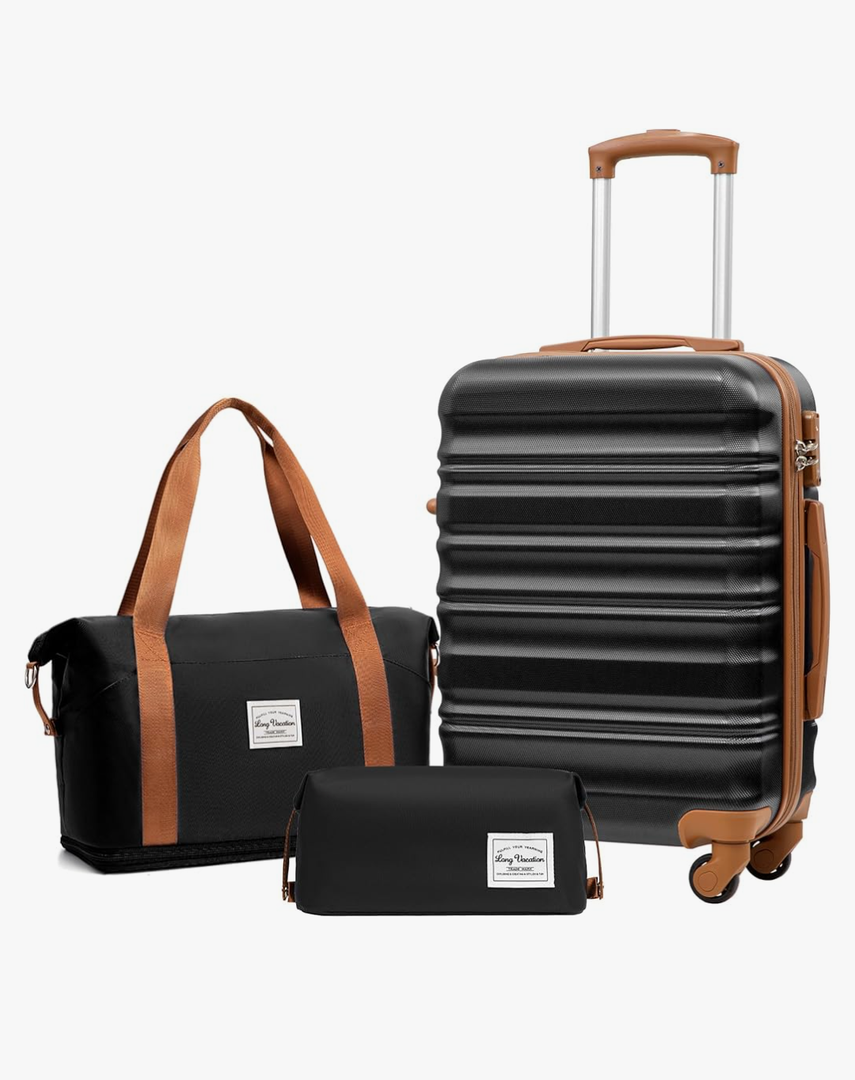 LONG VACATION 3 Piece Luggage Set 20 IN Carry on Suitcase ABS+PC Hardshell Luggage with Spinner Wheels & YKK Zipper TSA Lock (BLACK-BROWN, 20-Inch)