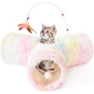 Tempcore Plush Pet Cat Tunnel Tube Cat Toys 3 Way Collapsible, Tunnels for Indoor CatsKitty Tunnel Bored Pet Toys Peek Hole Ball Puppy, Kitty, Kitten, Rabbit Rainbow