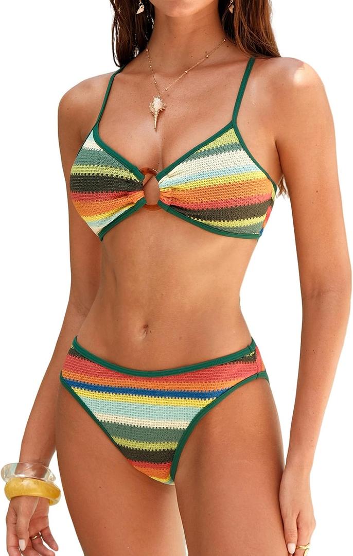 ZAFUL O Ring Bikini Sets for Women Lace Up Swimsuits High Cut Swimwear Contrast Stripe 2 Piece Bathing Suits (Green, L)