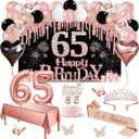 65th Birthday Decorations for Women, 49pcs Black Rose Gold Black Happy 65th Birthday Banner, Tablecloth, Butterfly Decor, Sash and Tiara, Cake Topper, Candles, Balloons Arch