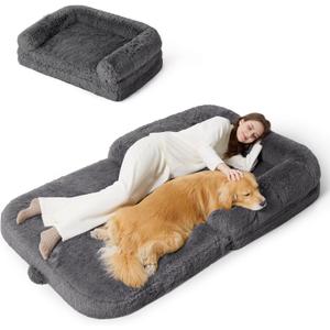 Bedsure Foldable Human Dog Bed - 2 in 1 Flexible Giant Human Dog Bed for Adult People with Supportive Bolster Egg Foam, Waterproof Liner, Calming Fluffy Faux Fur Orthopedic Big Bean Bed, Dark Grey